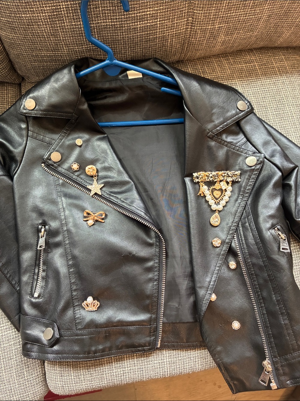 Black Faux Leather Biker Jacket with Gold Pin Accents